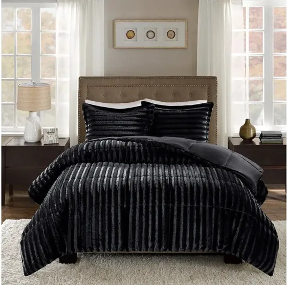 Duke Faux Fur Full/Queen Comforter Mini Set in Black