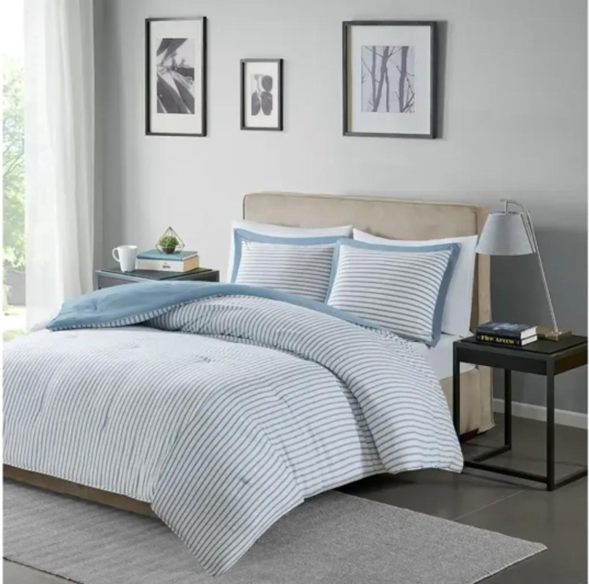 Hayden Reversible Yarn Dyed Stripe Down Alternative Twin Comforter Set in Blue