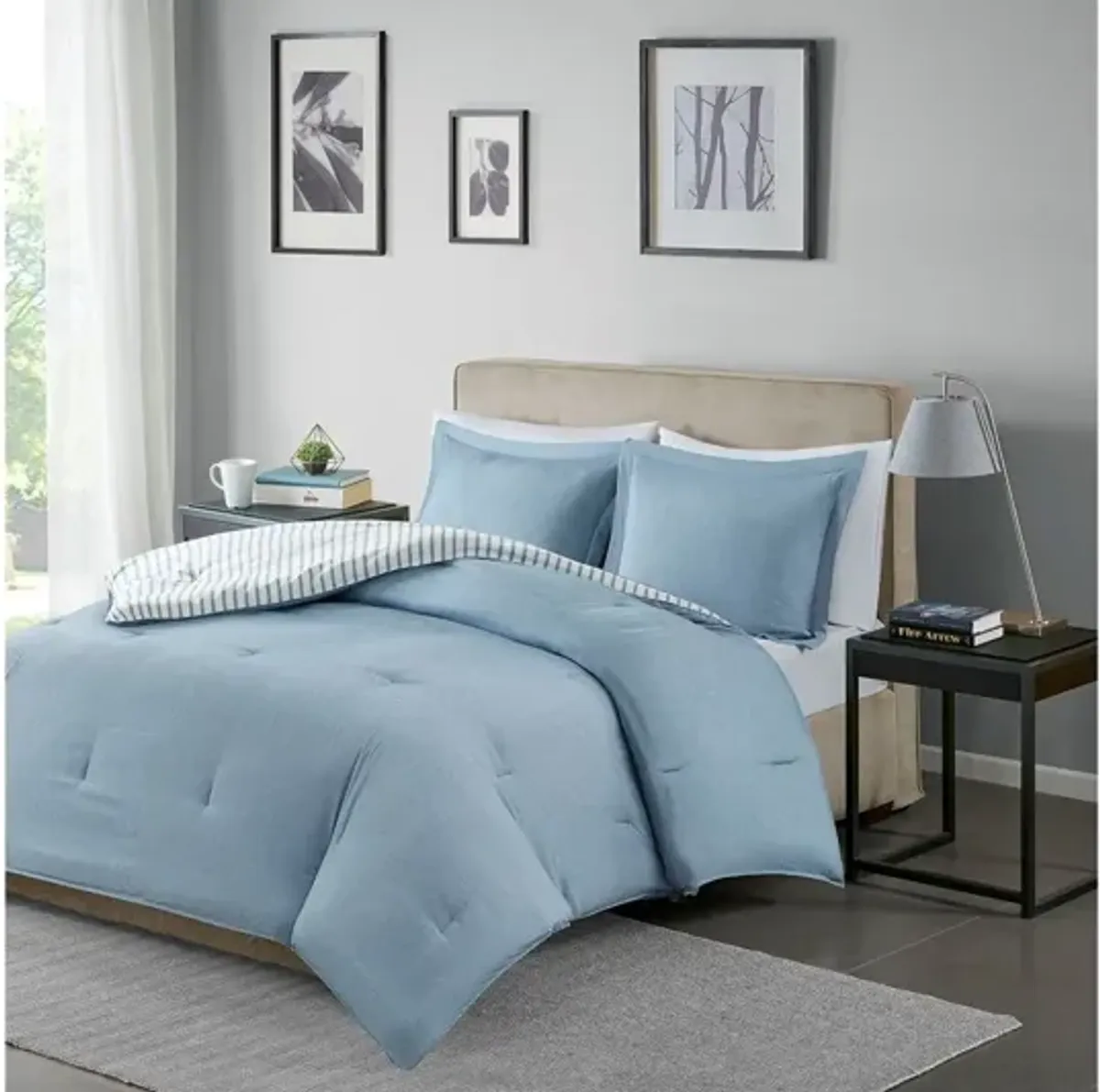 Hayden Reversible Yarn Dyed Stripe Down Alternative Twin Comforter Set in Blue