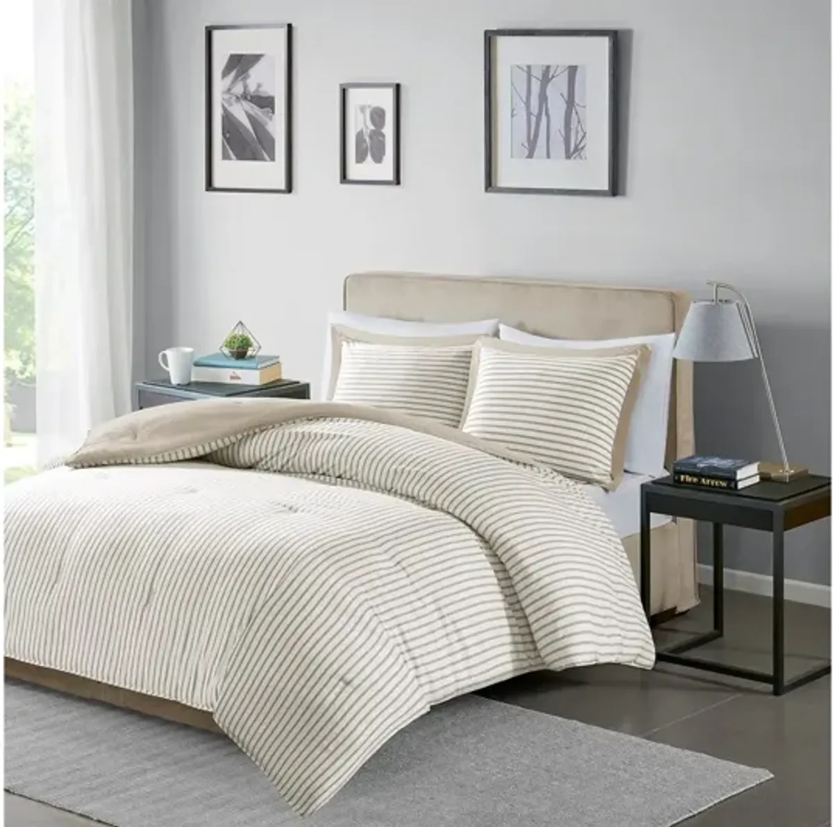 Hayden Reversible Yarn Dyed Stripe Down Alternative Twin Comforter Set in Tan