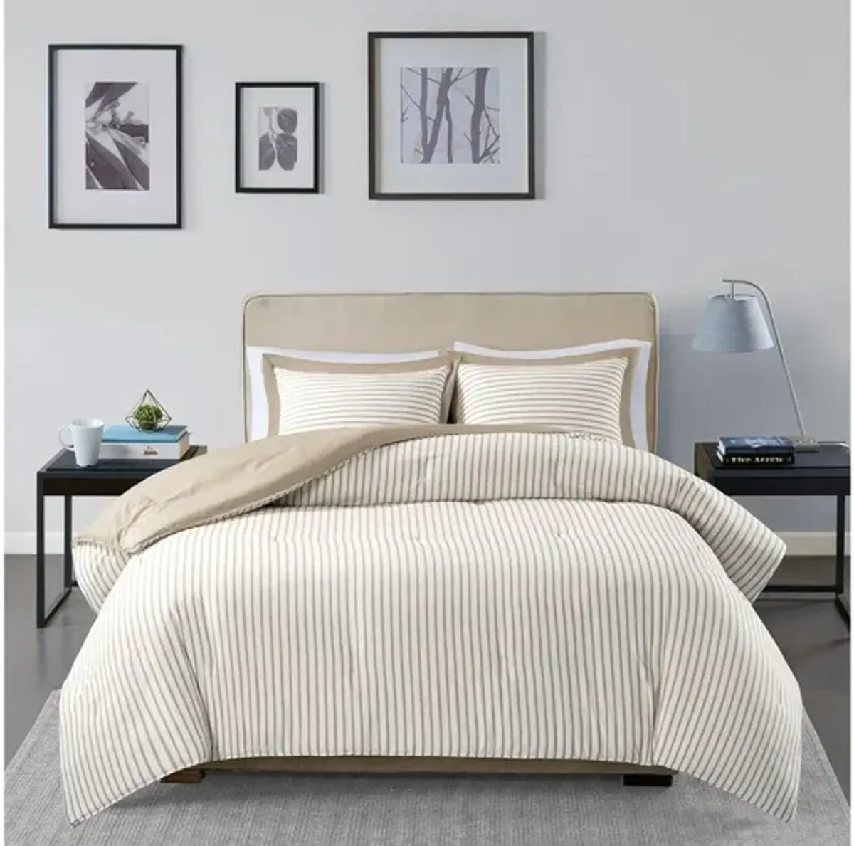 Hayden Reversible Yarn Dyed Stripe Down Alternative Twin Comforter Set in Tan