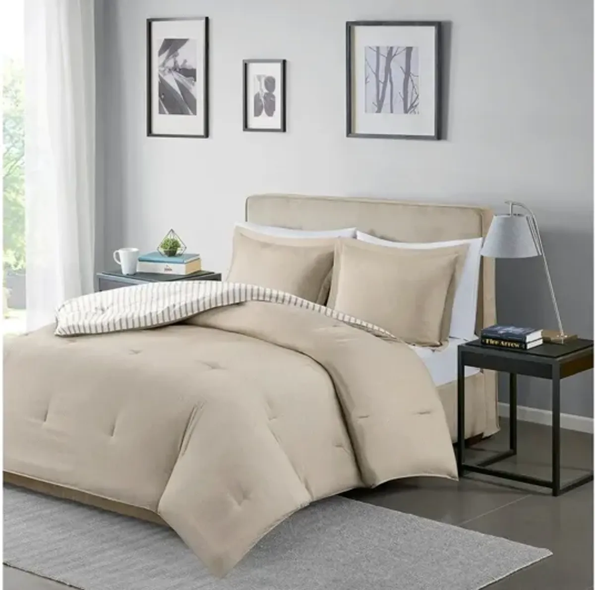 Hayden Reversible Yarn Dyed Stripe Down Alternative Twin Comforter Set in Tan