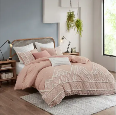 Marta 3 Piece Flax and Cotton Blended Full/Queen Comforter Set in Blush