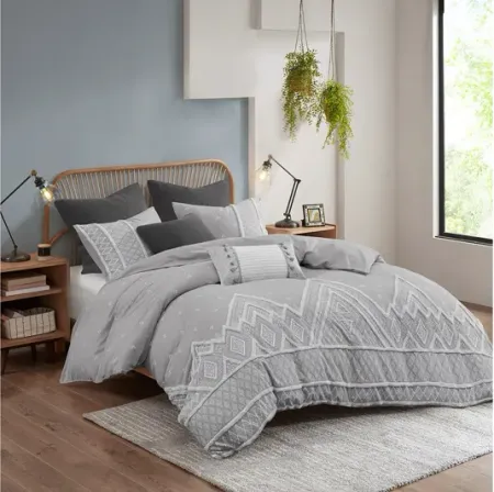Marta 3 Piece Flax and Cotton Blended Full/Queen Comforter Set in Grey