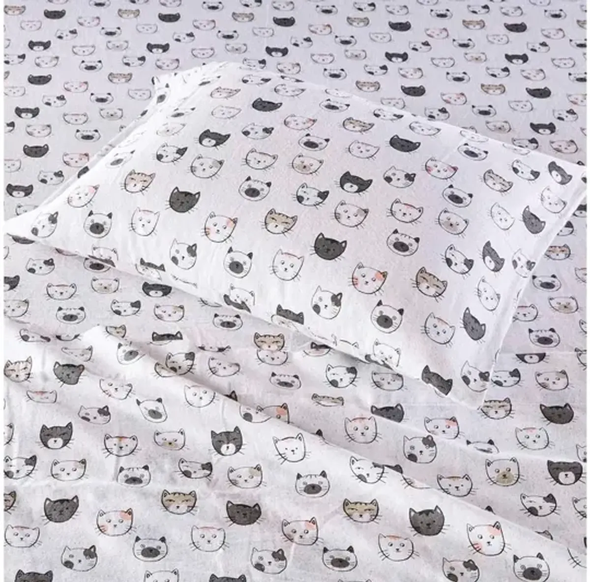 Cozy Soft Cotton Novelty Print Flannel Twin Sheet Set in Grey/Pink Cats