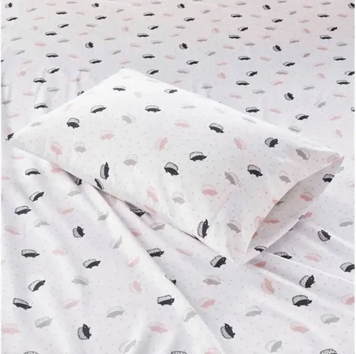 Cozy Soft Cotton Novelty Print Flannel Twin Sheet Set in Grey/Pink Hedgehogs