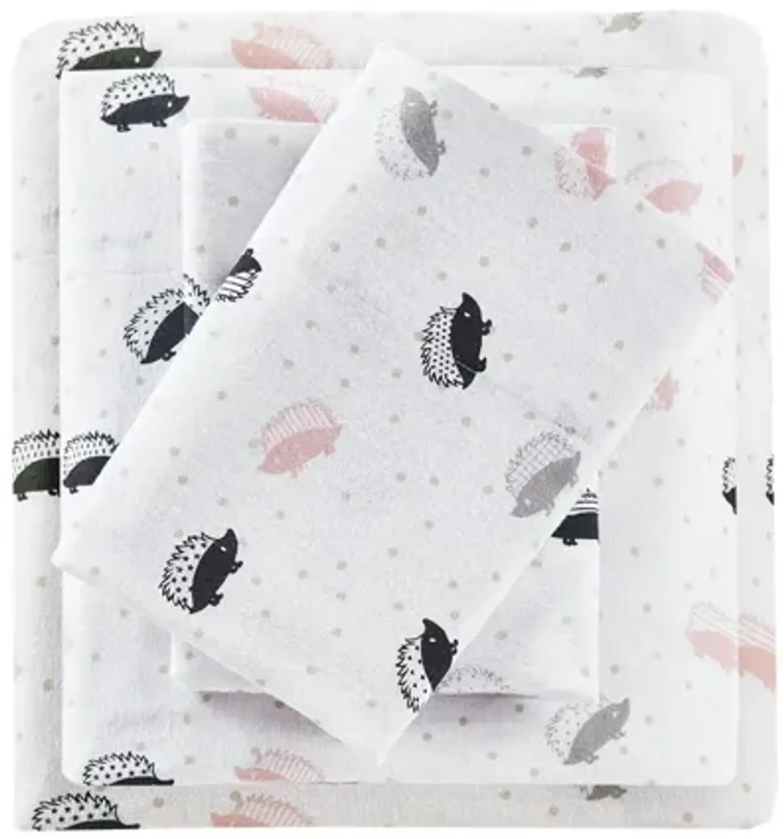 Cozy Soft Cotton Novelty Print Flannel Twin Sheet Set in Grey/Pink Hedgehogs