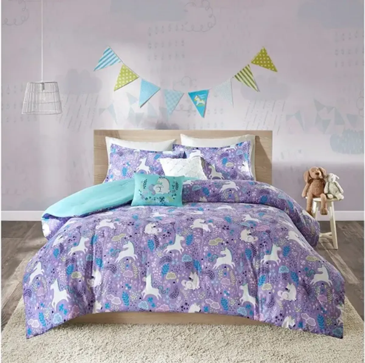 Lola Unicorn Cotton Twin Comforter Set in Purple