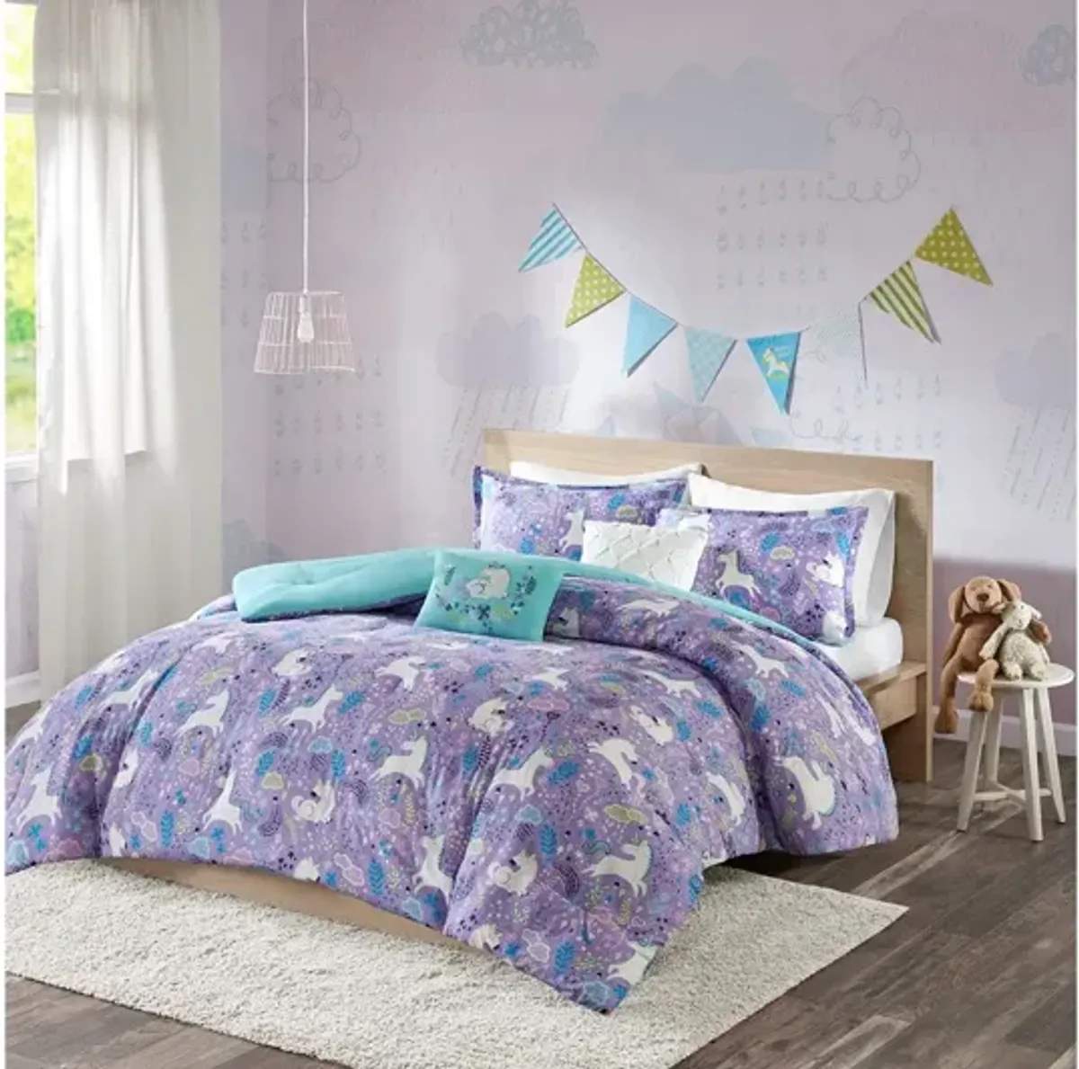 Lola Unicorn Cotton Twin Comforter Set in Purple