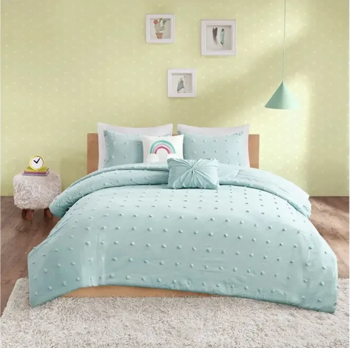 Callie Cotton Jacquard Pom Pom Twin Comforter Set in Aqua