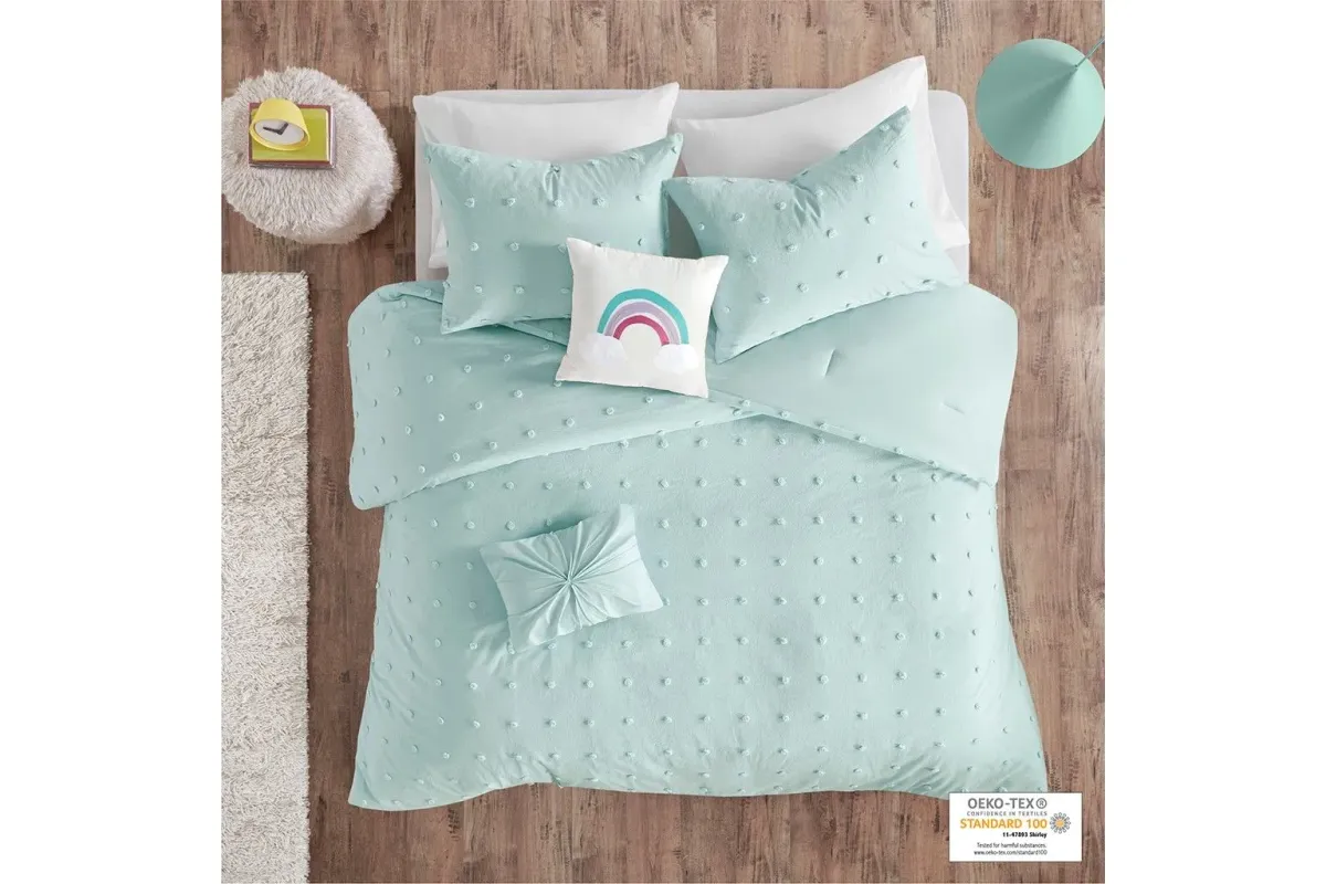 Callie Cotton Jacquard Pom Pom Twin Comforter Set in Aqua