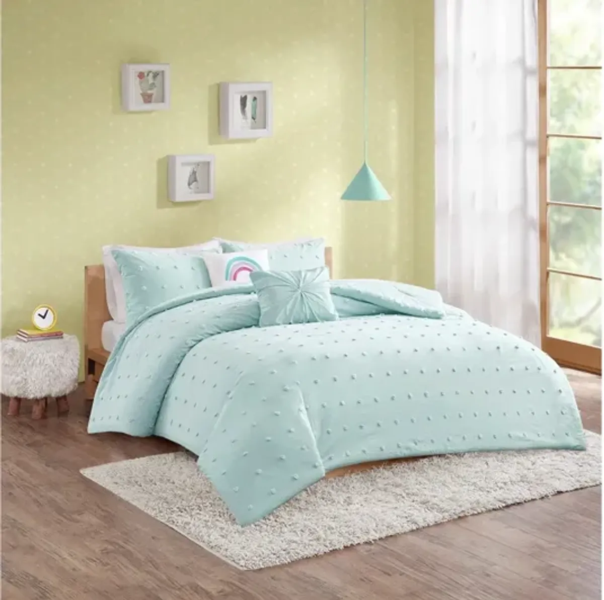 Callie Cotton Jacquard Pom Pom Twin Comforter Set in Aqua