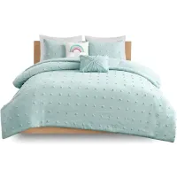 Callie Cotton Jacquard Pom Pom Twin Comforter Set in Aqua