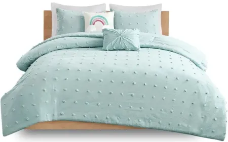 Callie Cotton Jacquard Pom Pom Twin Comforter Set in Aqua