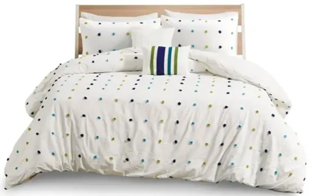 Callie Cotton Jacquard Pom Pom Twin Comforter Set in Green/Navy