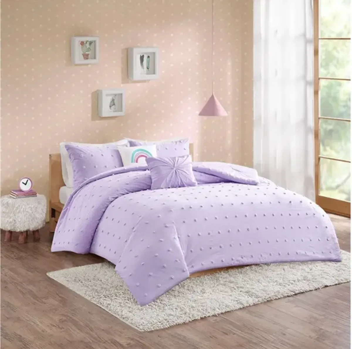 Callie Cotton Jacquard Pom Pom Twin Comforter Set in Lavender