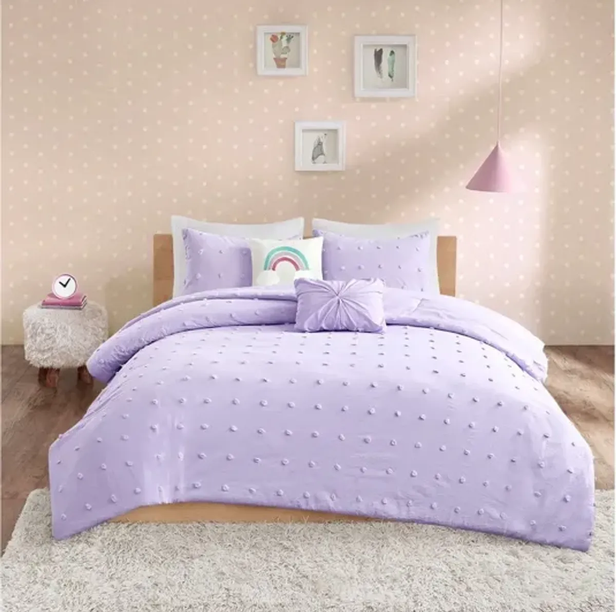 Callie Cotton Jacquard Pom Pom Twin Comforter Set in Lavender