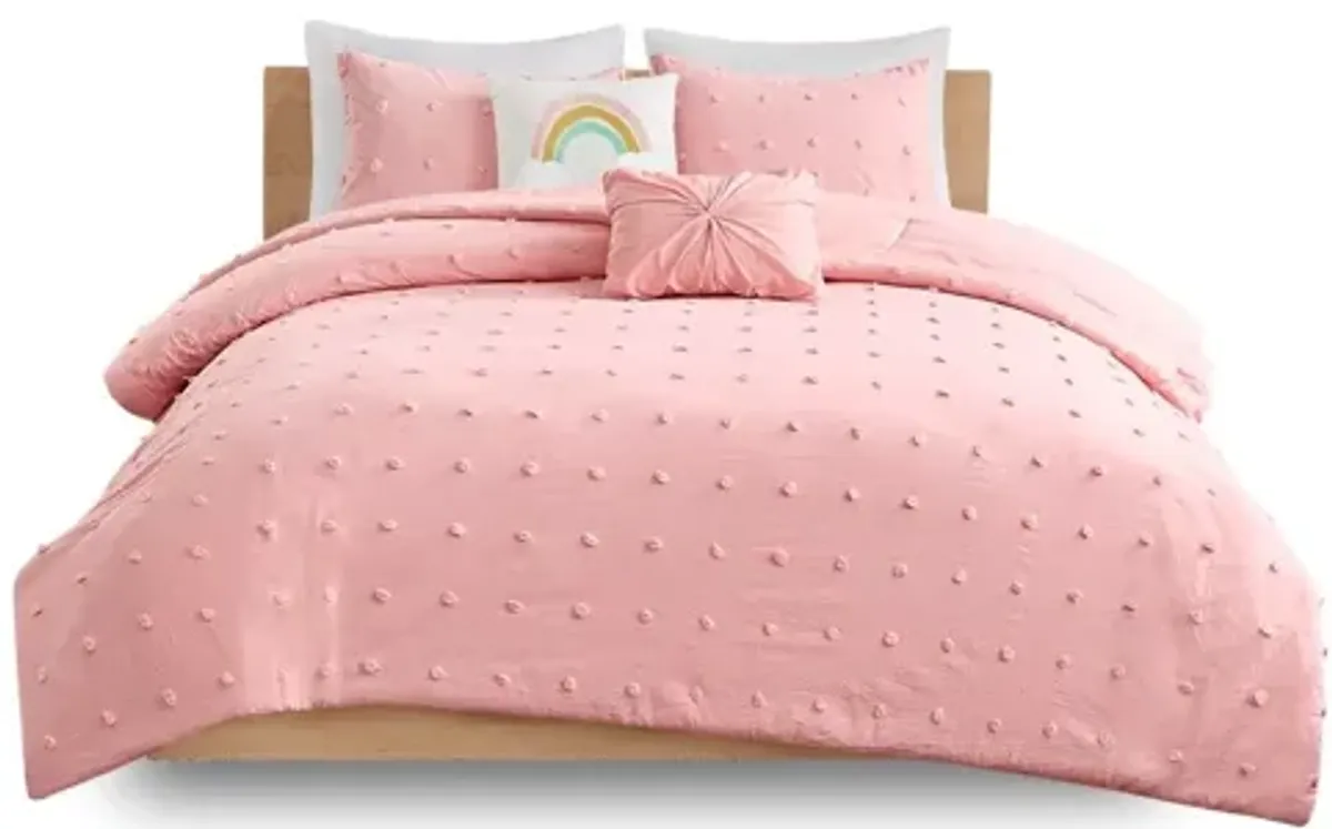 Callie Cotton Jacquard Pom Pom Twin Comforter Set in Pink