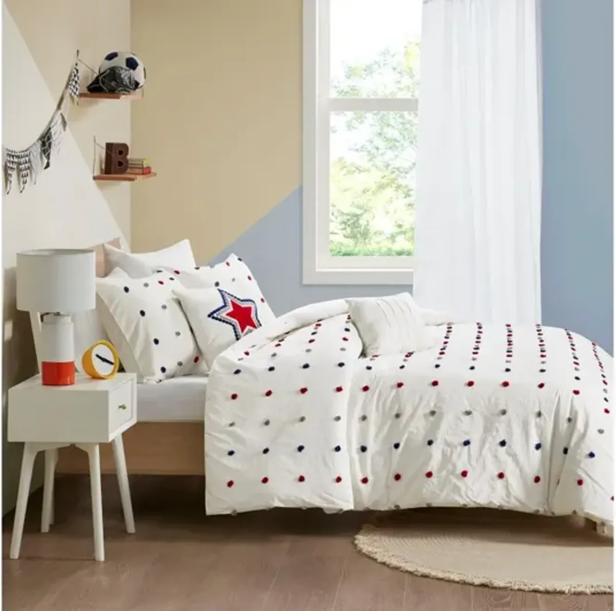 Callie Cotton Jacquard Pom Pom Twin Comforter Set in Red/Navy