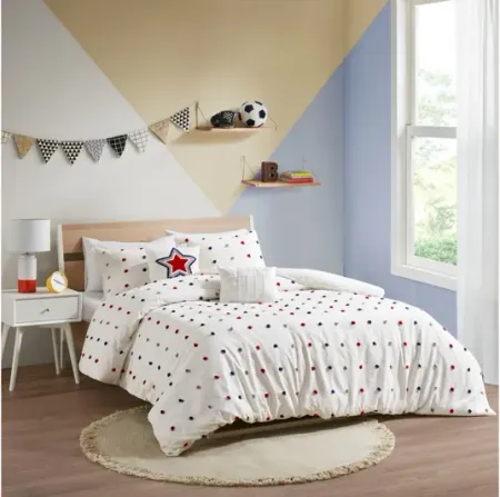 Callie Cotton Jacquard Pom Pom Twin Comforter Set in Red/Navy