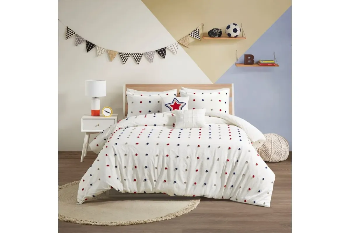 Callie Cotton Jacquard Pom Pom Twin Comforter Set in Red/Navy