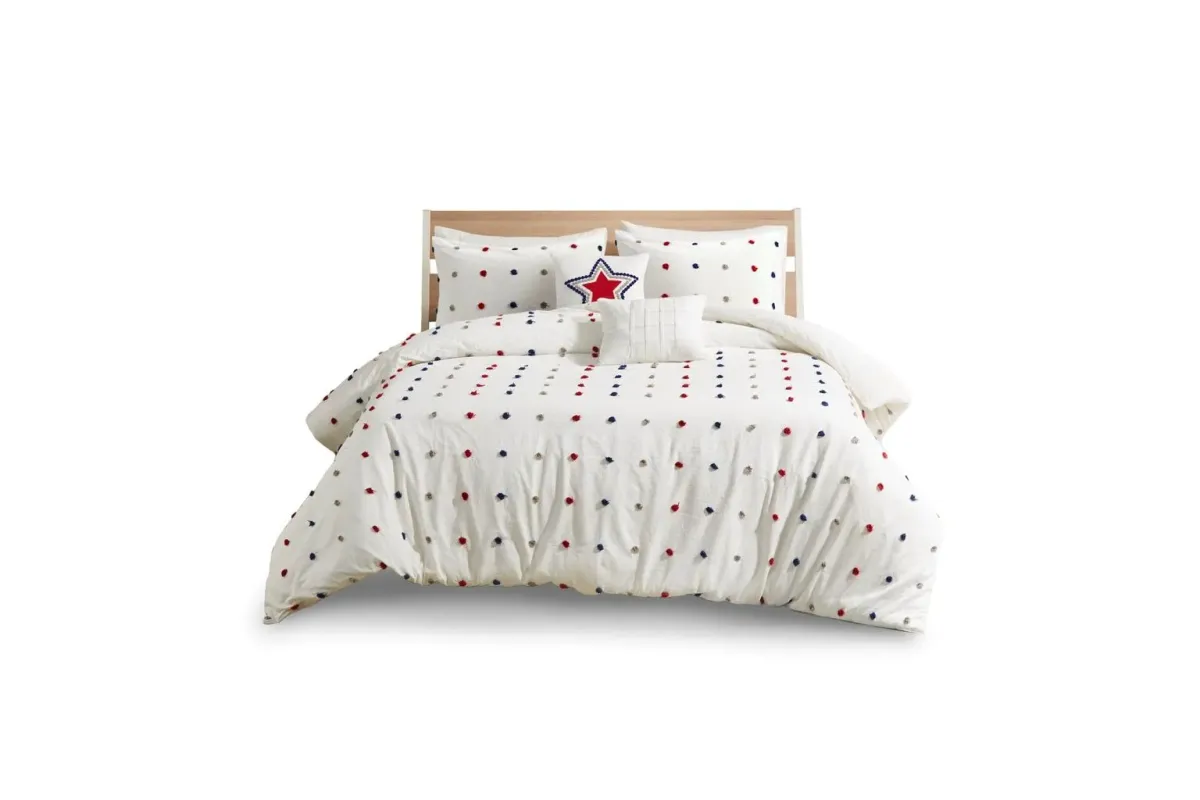 Callie Cotton Jacquard Pom Pom Twin Comforter Set in Red/Navy