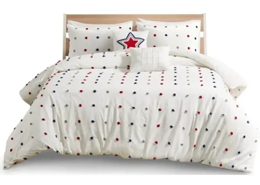 Callie Cotton Jacquard Pom Pom Twin Comforter Set in Red/Navy