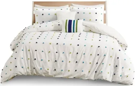 Callie Cotton Jacquard Pom Pom Full Comforter Set in Green/Navy