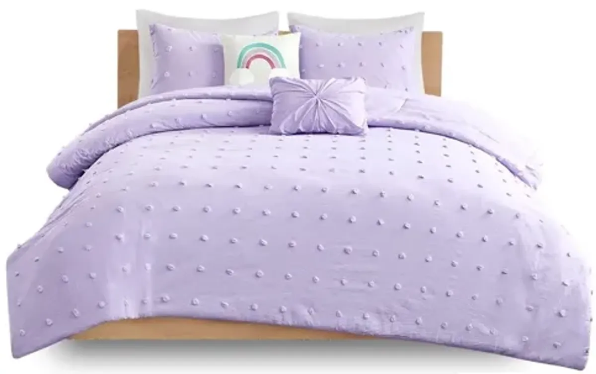 Callie Cotton Jacquard Pom Pom Full Comforter Set in Lavender