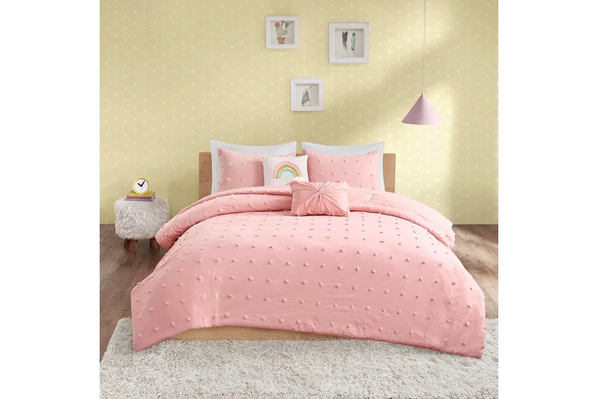 Callie Cotton Jacquard Pom Pom Full Comforter Set in Pink