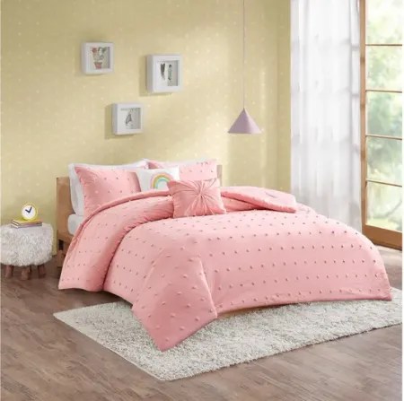 Callie Cotton Jacquard Pom Pom Full Comforter Set in Pink