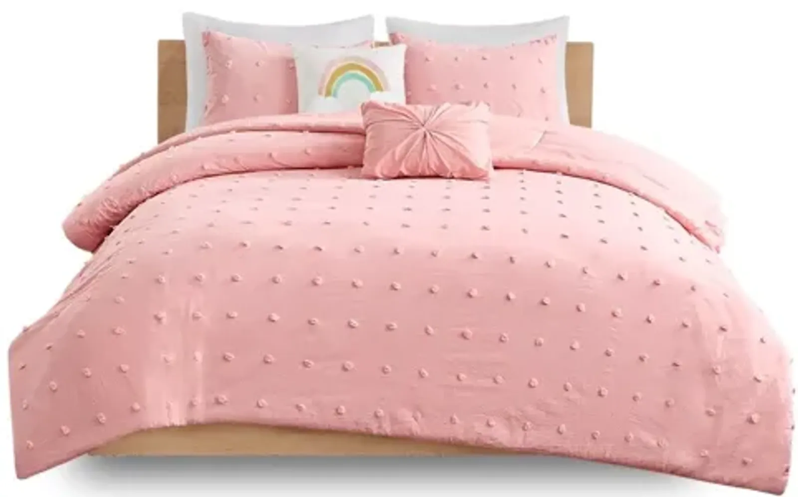 Callie Cotton Jacquard Pom Pom Full Comforter Set in Pink