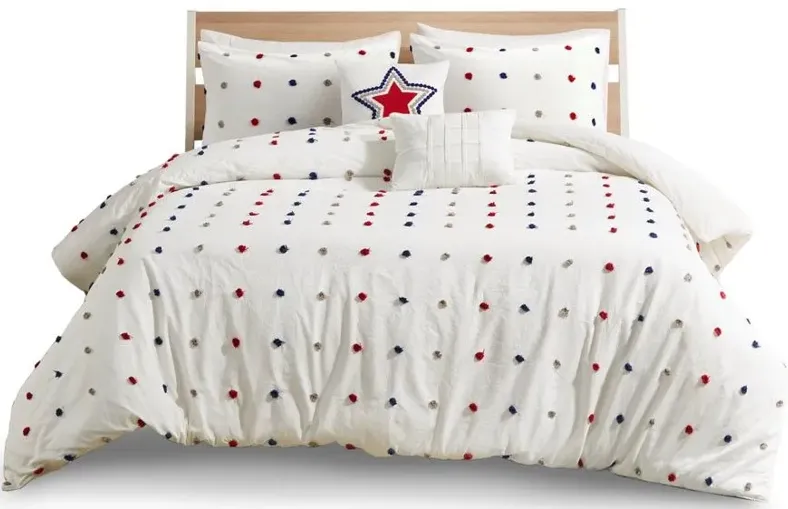 Callie Cotton Jacquard Pom Pom Full Comforter Set in Red/Navy