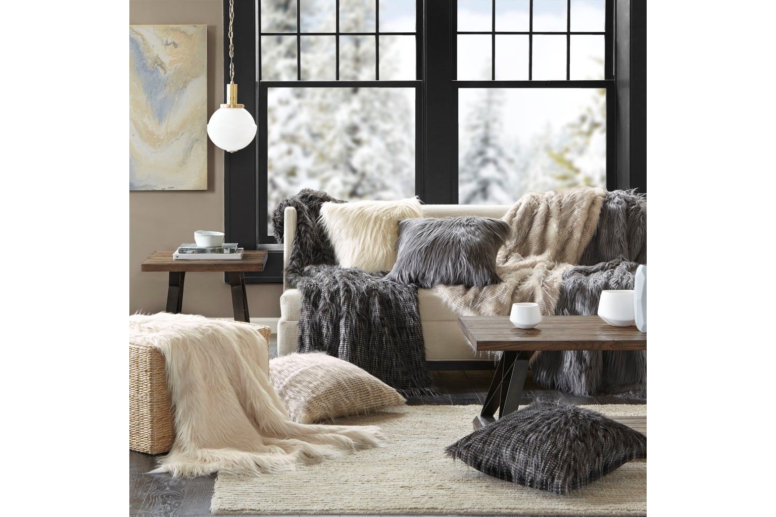 Edina Black Faux Fur Square Pillow