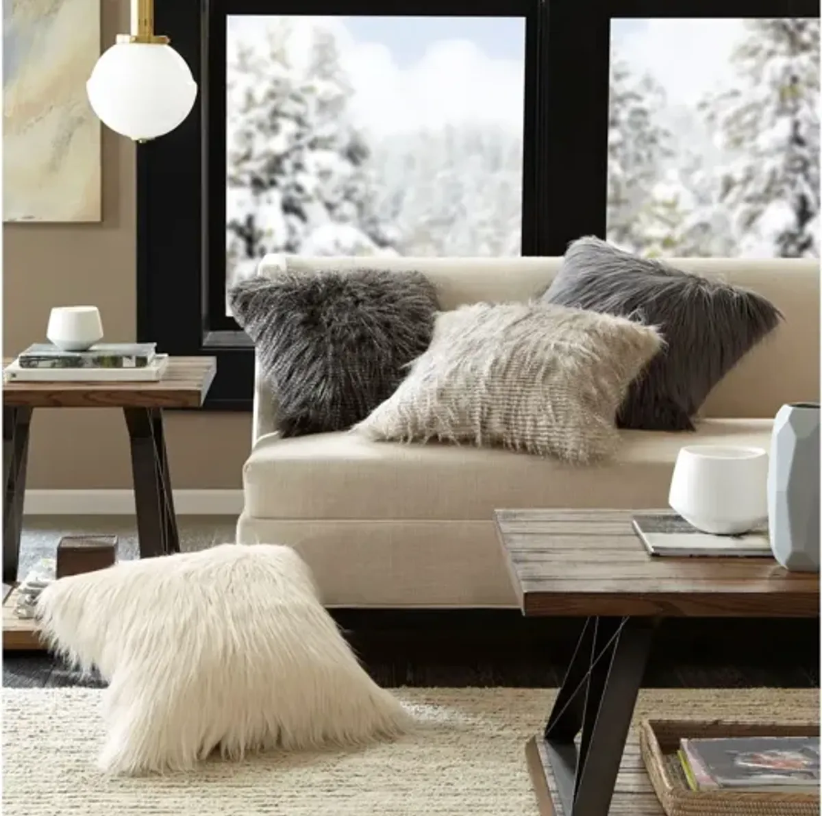 Edina Ivory Faux Fur Square Pillow