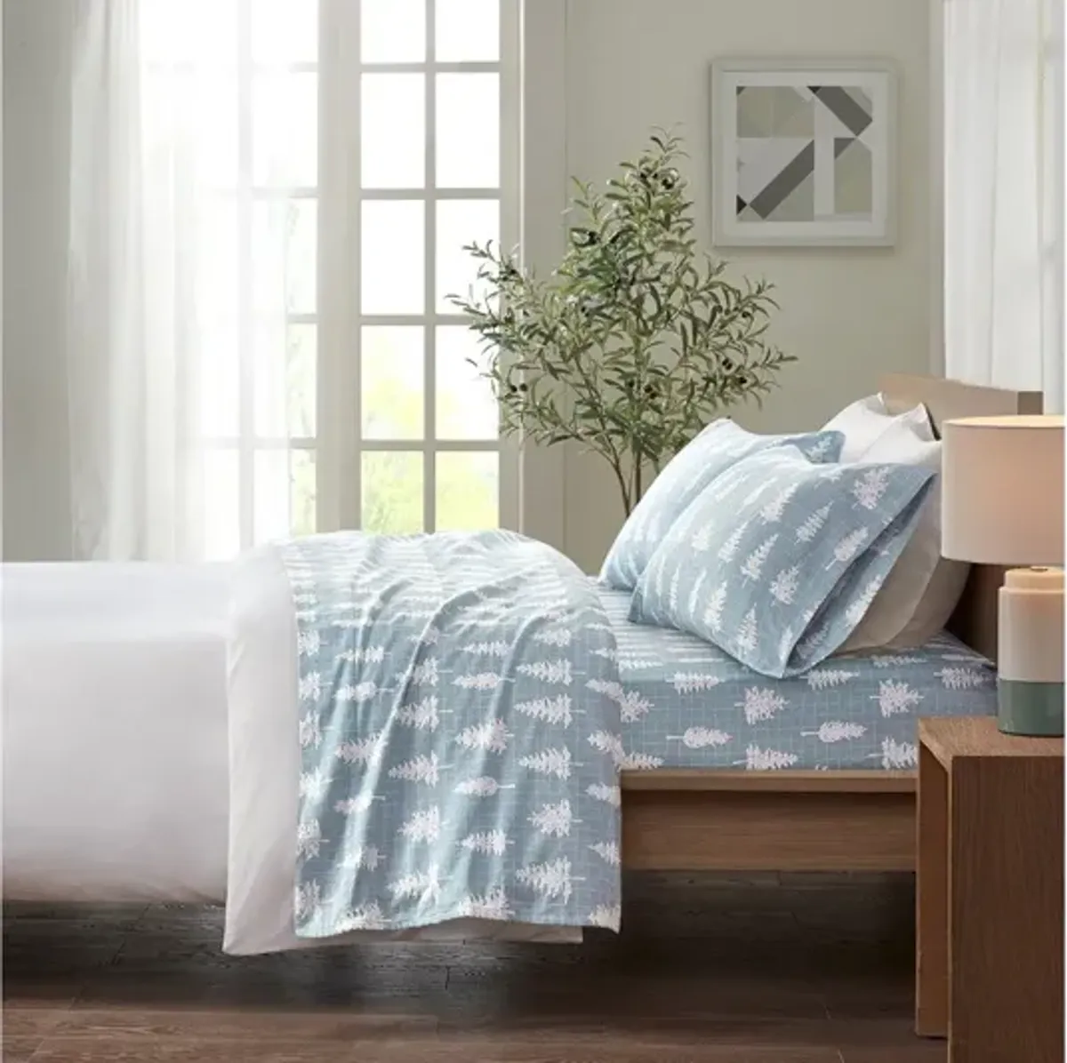 Cozy Flannel Blue Forest 100% Cotton Flannel Printed King Sheet Set