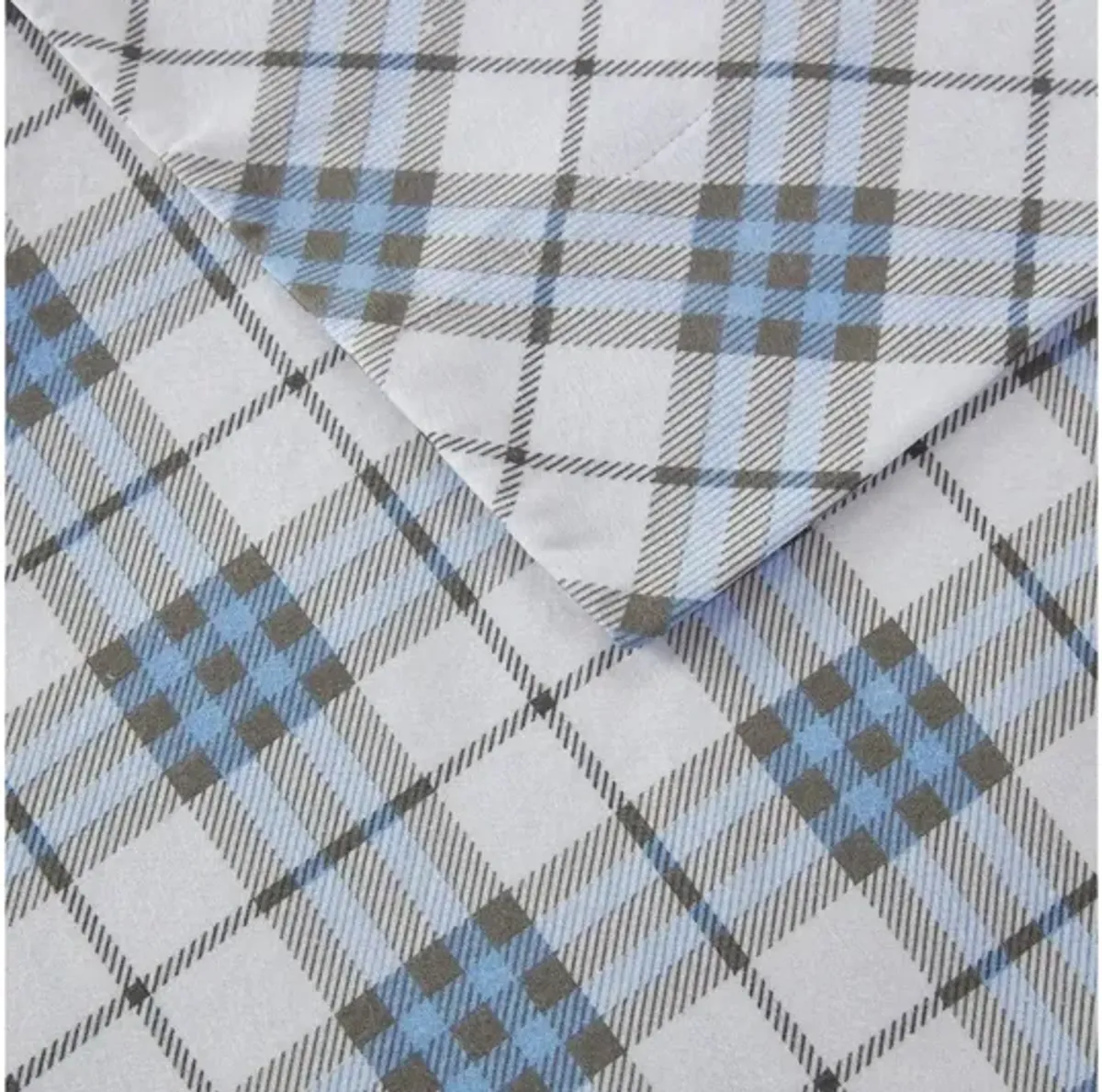 Cozy Flannel Blue Plaid 100% Cotton Flannel Printed Twin Sheet Set