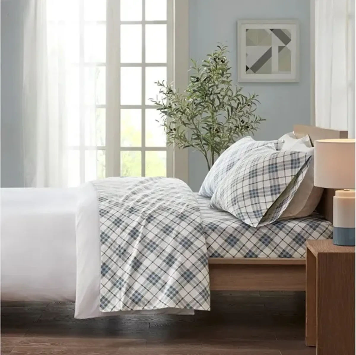 Cozy Flannel Blue Plaid 100% Cotton Flannel Printed Twin Sheet Set