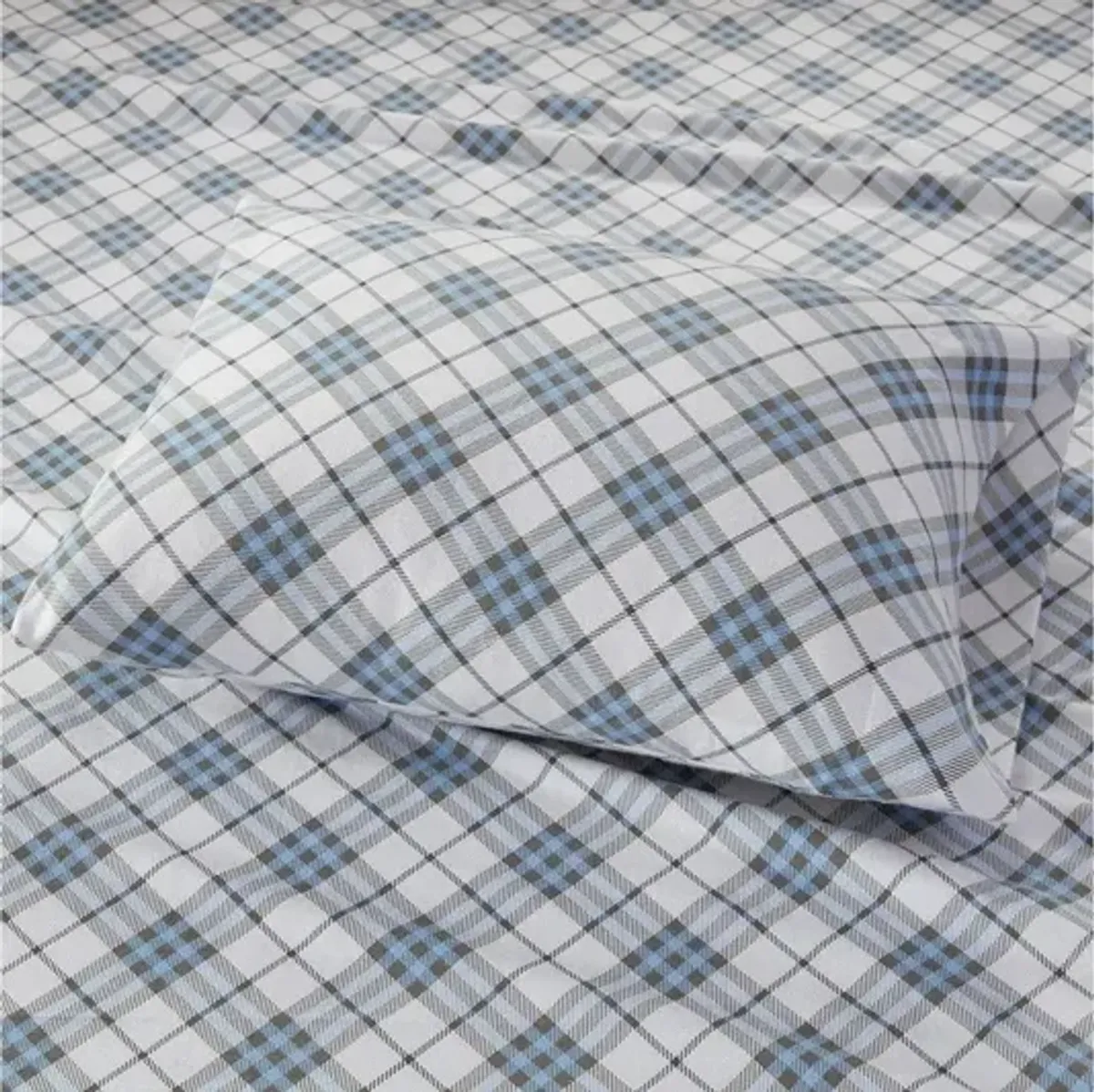 Cozy Flannel Blue Plaid 100% Cotton Flannel Printed Twin Sheet Set