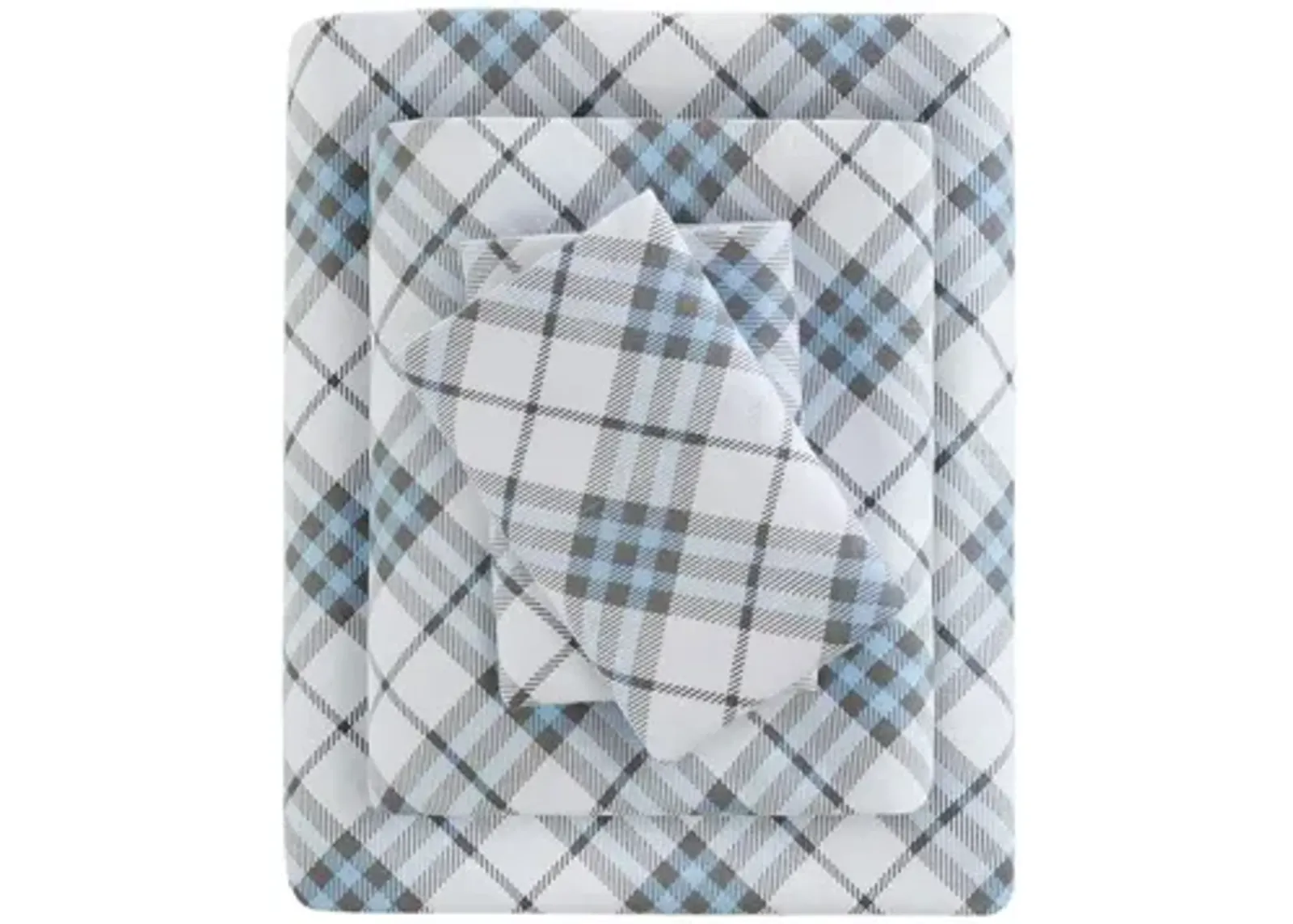 Cozy Flannel Blue Plaid 100% Cotton Flannel Printed Twin Sheet Set