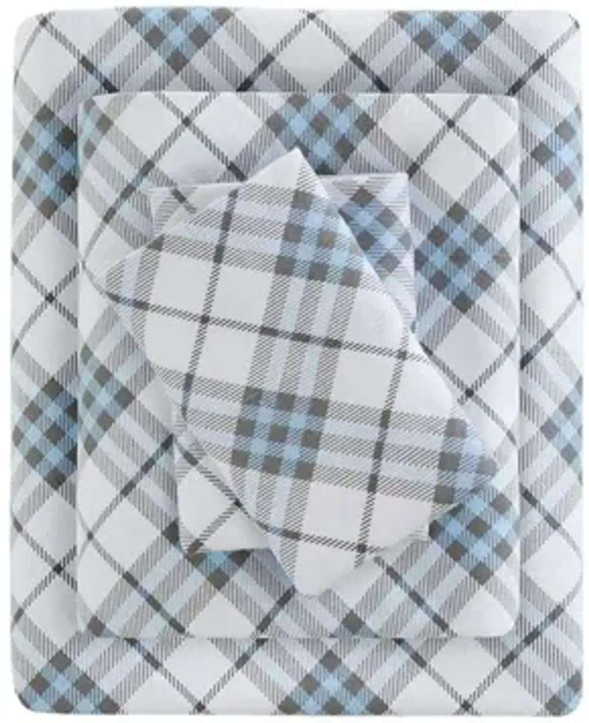 Cozy Flannel Blue Plaid 100% Cotton Flannel Printed Twin Sheet Set