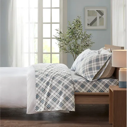 Cozy Flannel Blue Plaid 100% Cotton Flannel Printed King Sheet Set