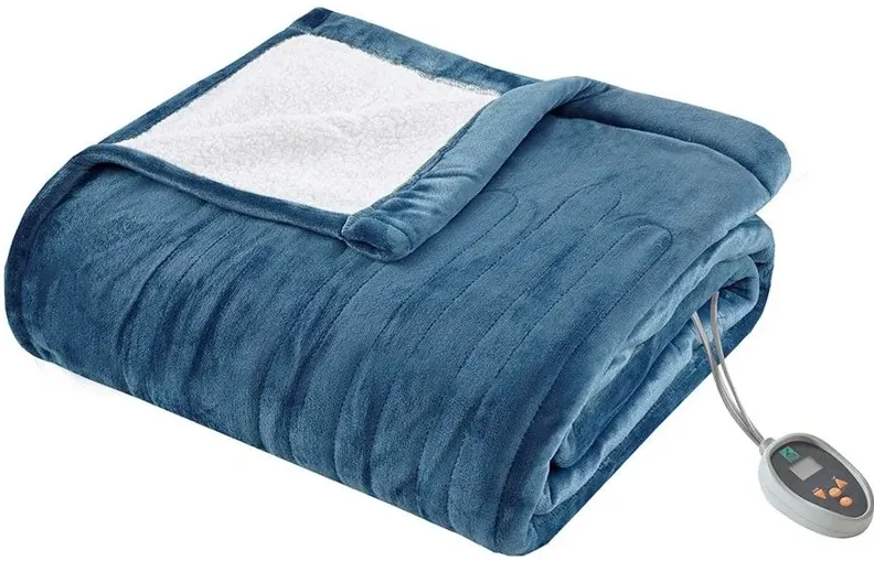 Ultra Soft Blue Plush Reverses To Berber Heated Blanket with Bonus Automatic Timer