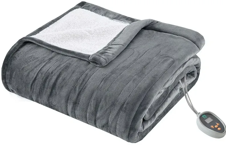 Ultra Soft Grey Plush Reverses To Berber Heated Blanket with Bonus Automatic Timer