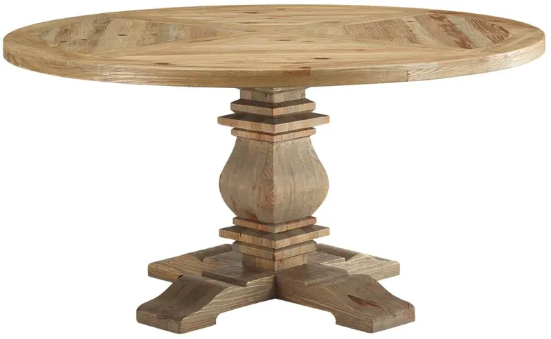 Column 59" Round Pine Wood Dining Table in Brown