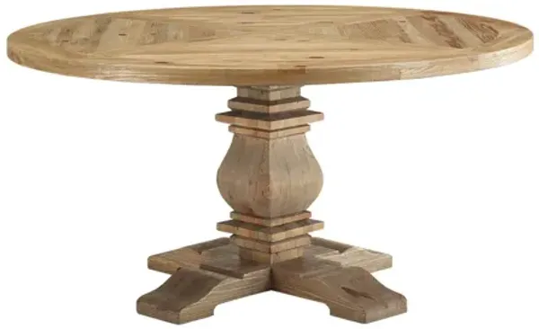 Column 59" Round Pine Wood Dining Table in Brown