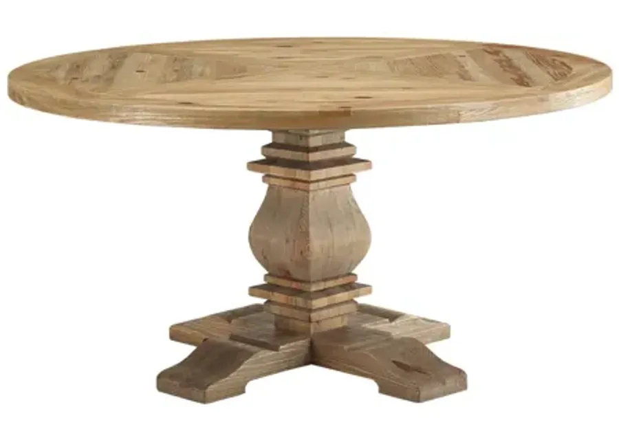 Column 59" Round Pine Wood Dining Table in Brown