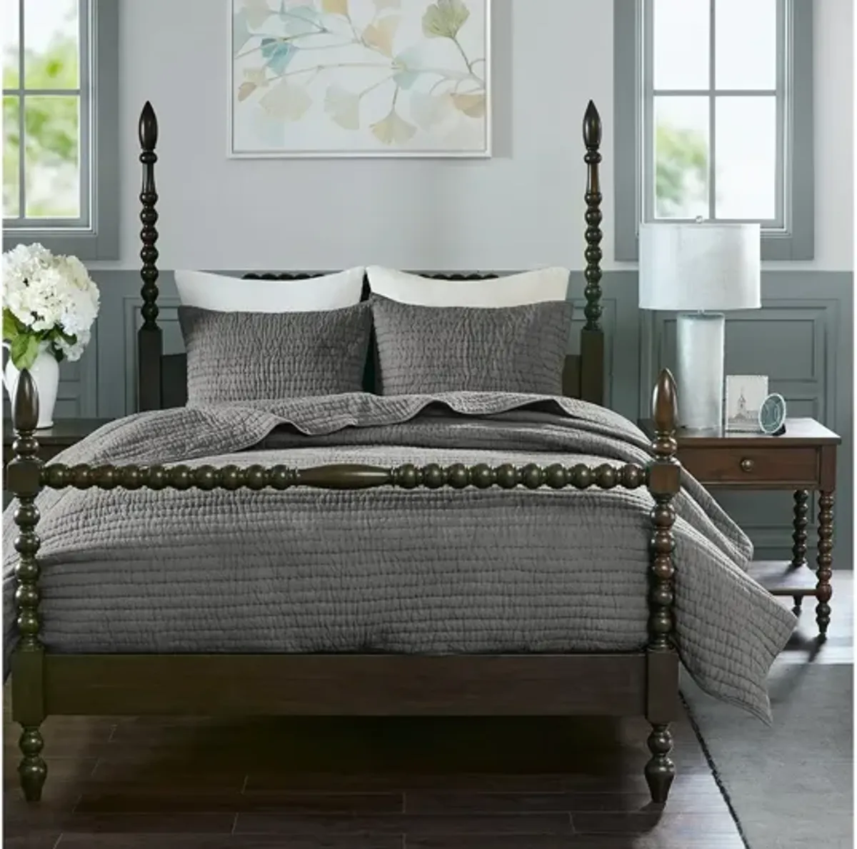 Serene Cotton Hand Quilted Grey Full/Queen Coverlet Set