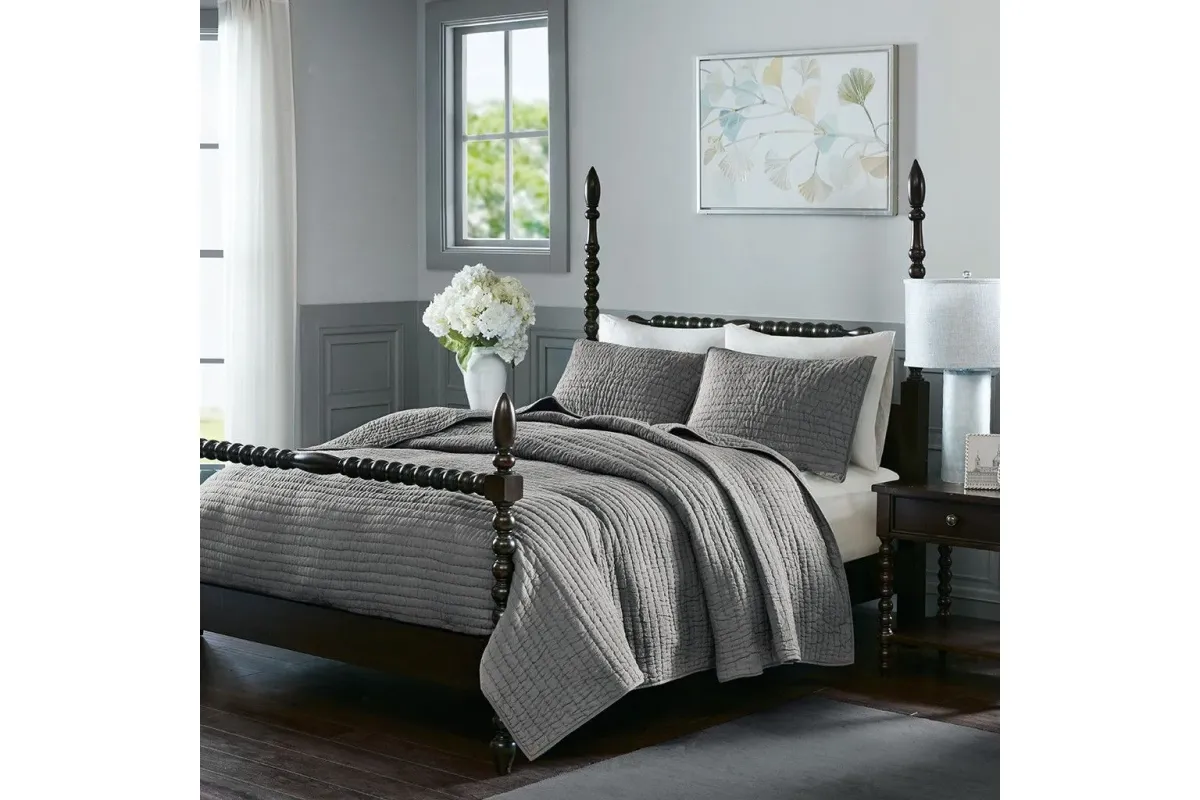 Serene Cotton Hand Quilted Grey Full/Queen Coverlet Set