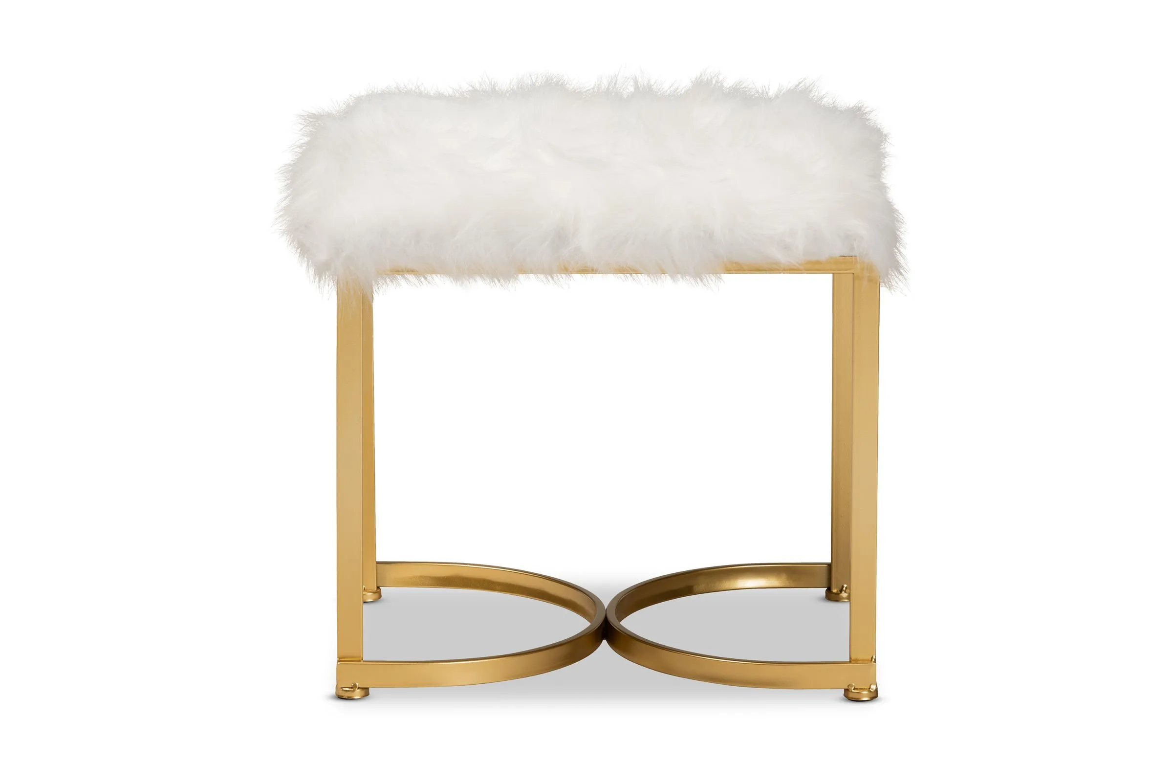 Gwyn White Faux Fur Upholstered and Gold Finished Metal Ottoman